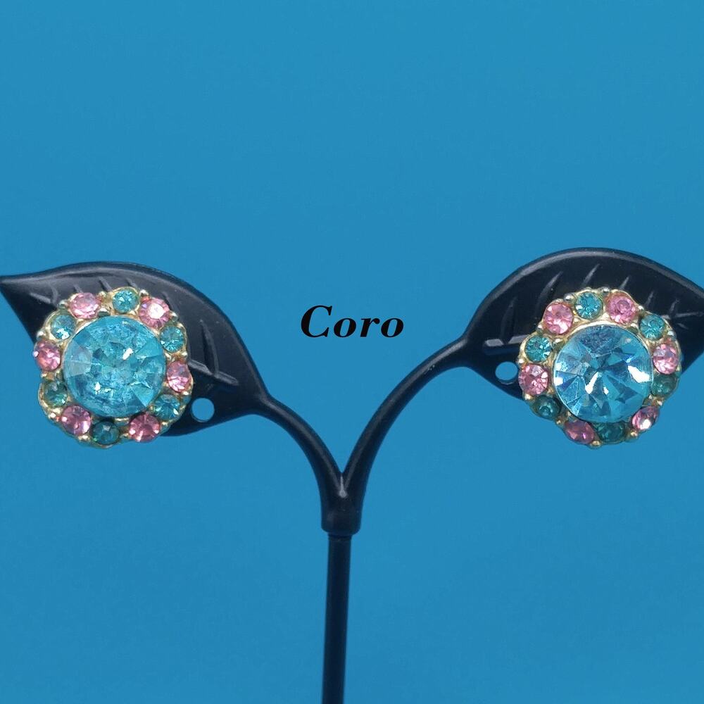 Vintage Coro Blue Pink Rhinestone Screw Back Earrings 1950s 3/4”